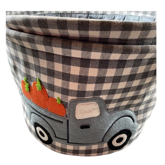 Gray Gingham Fabric Storage Basket Truck with Pumpkins Fall Decor Bin - Picture 1 of 4